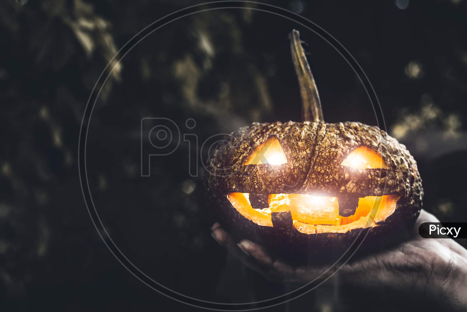 Halloween Pumpkin In Hand. Holiday And Religion Concept. Ghost In Pumpkin Theme. Witchcraft And Mystery Spell Theme.