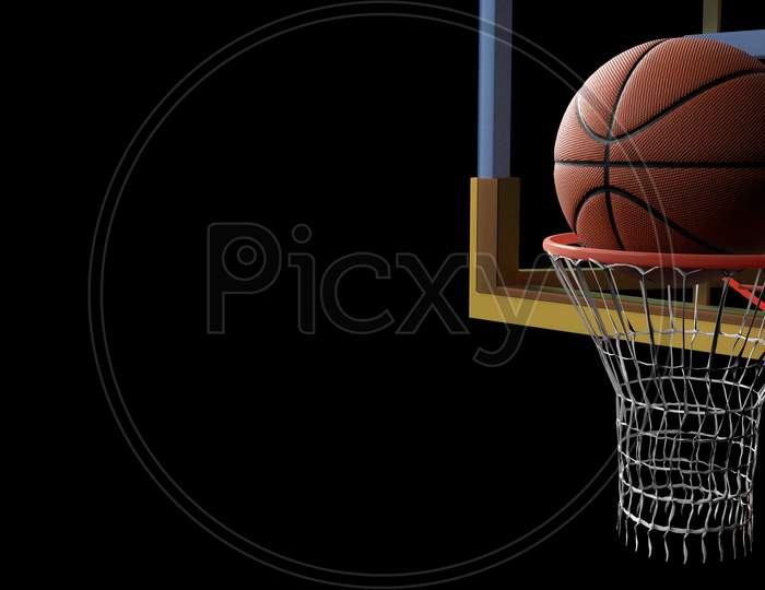 Basketball Going Into Hoop On Black Isolated Background. Sport And Competitive Game Concept. 3D Illustration.