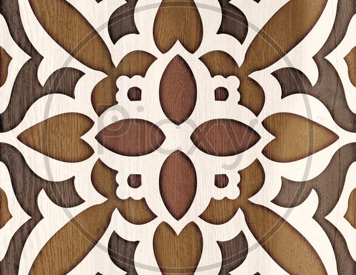 Geometric Flower Shapes Pattern Wooden Mosaic Decor Wall And Floor Tile.