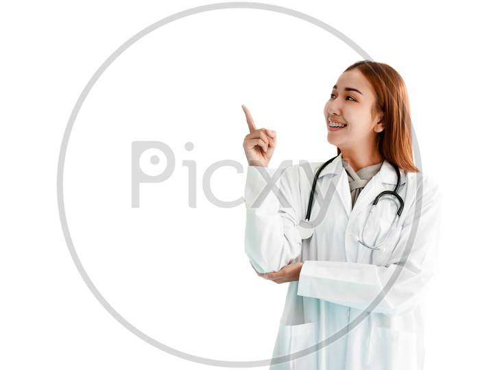 Women Doctor Pointed Her Finger And Looking At Beside And With Stethoscope On White Isolated Background. Medical And Healthcare Concept. People And Technology Theme.