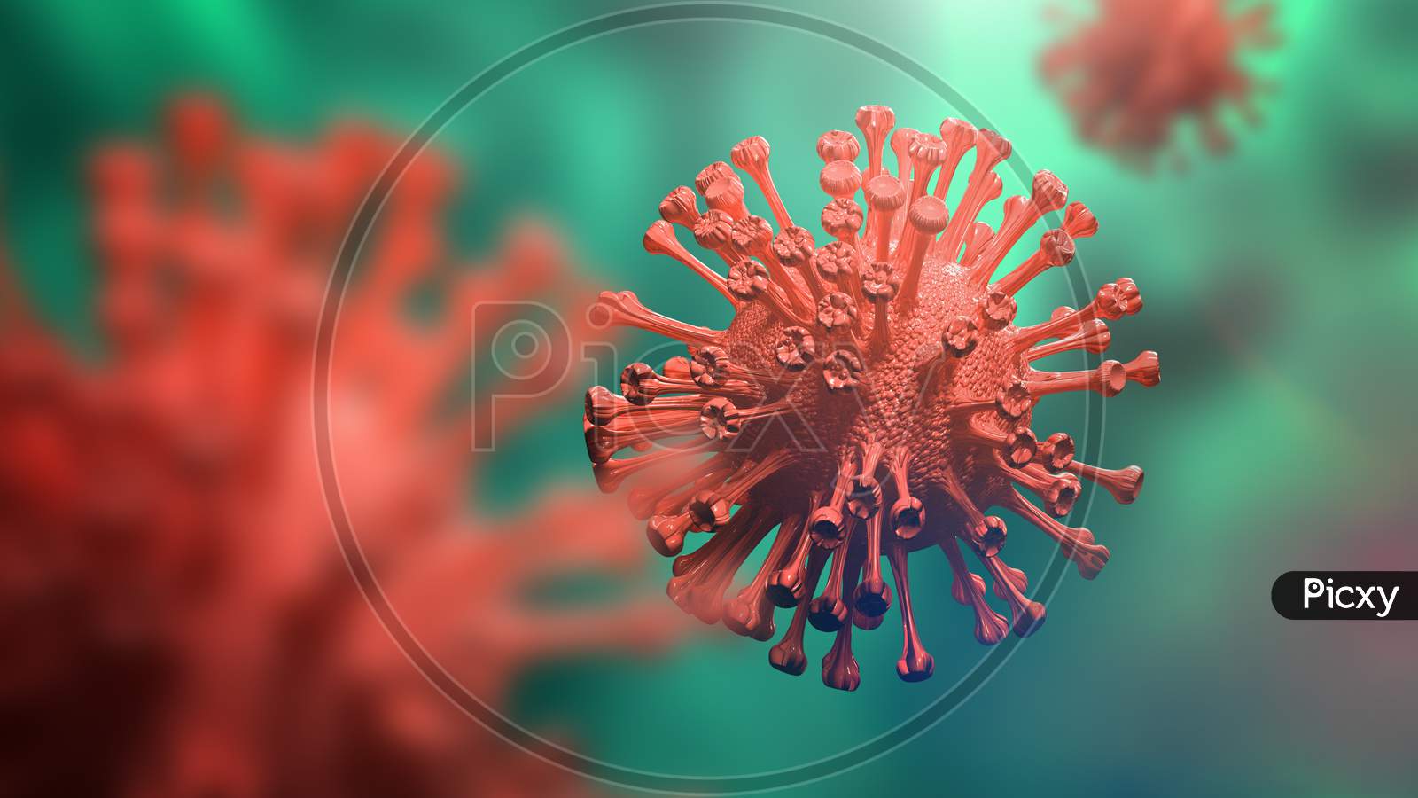Super Closeup Coronavirus Covid-19 In Human Lung Body Green Background. Science Microbiology Concept. Red Corona Virus Outbreak Epidemic. Medical Health Virology Infection Research. 3D Illustration