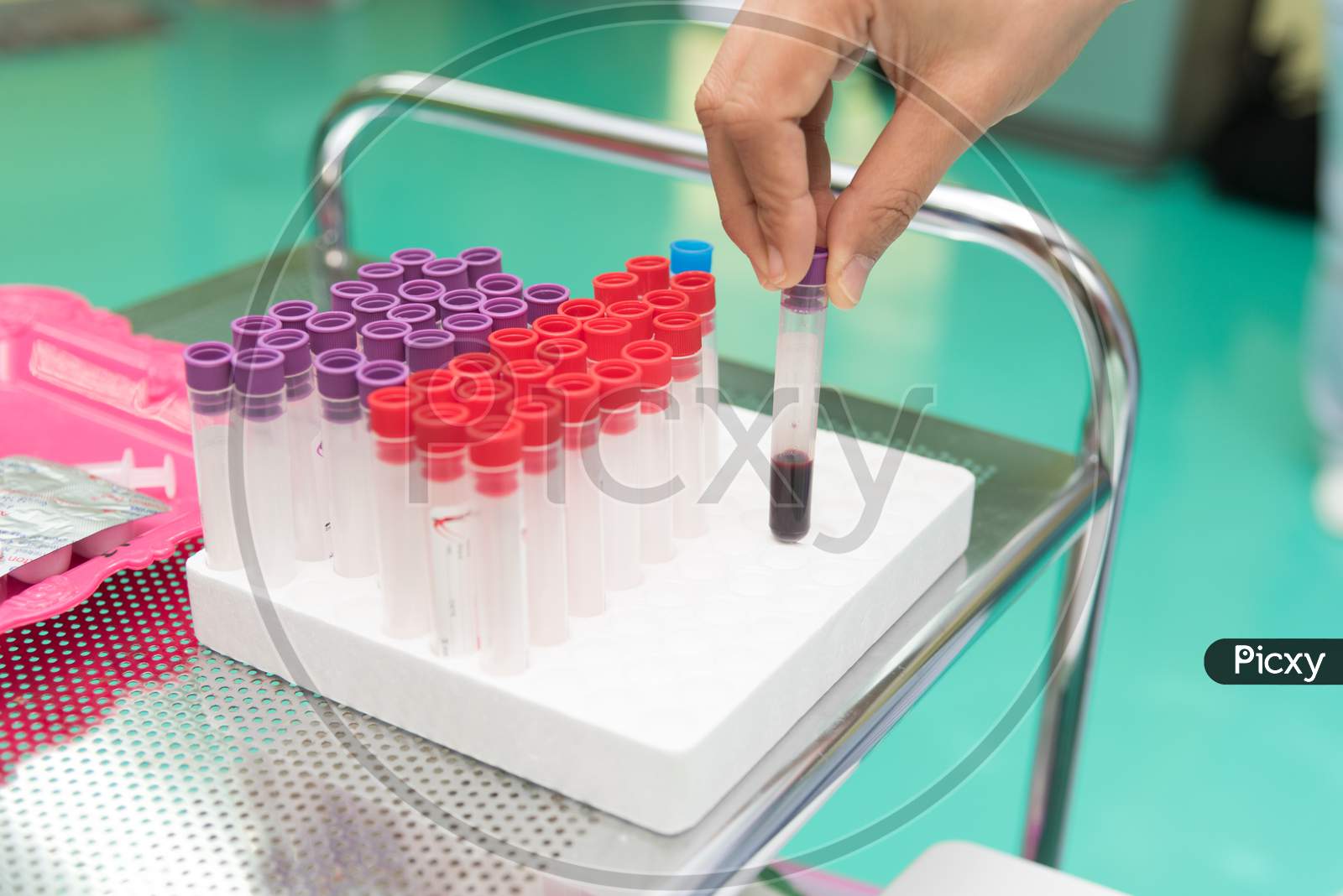 Blood Test Collect In Test Tube At Laboratory Of Hospital. Physical Examination And Healthcare Concept