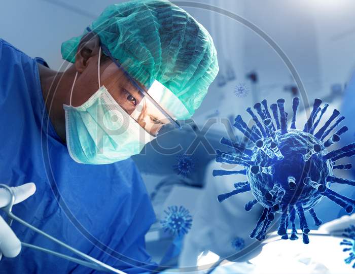Doctor Operating Human Lung For Rescue Patient From Coronavirus Influenza In Operation Room Or Icu At Hospital. Accident And Surgery Concept. Health Care And Medical. Illness And Disease Treatment