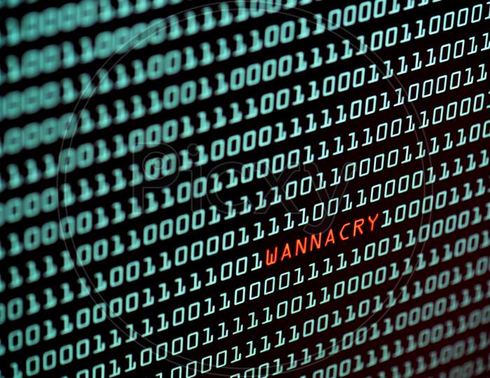 Ransomware Or Wannacry Text And Binary Code Concept From The Desktop Computer Screen, Selective Focus, Security Technology Concept, Hacker Concept
