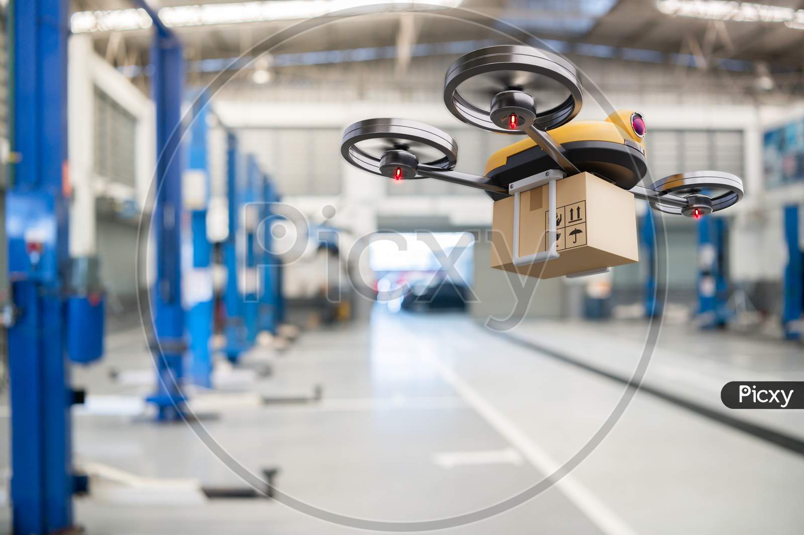 Spare Part Delivery Drone At Garage Storage In Leading Automotive Car Service Center For Delivering Mechanical Shipping Component Part Assembling To Customer. Modern Innovative Technology And Gadget
