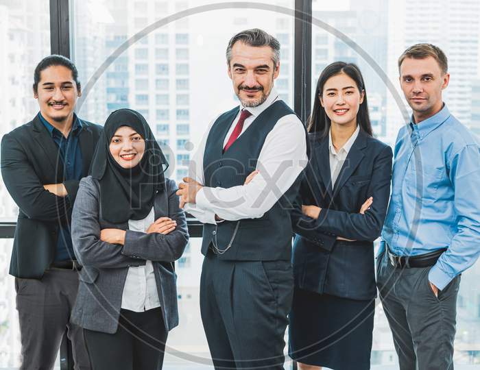 Portrait Of Business People Group Having Confident In Successful Job In Modern Office Background. People Lifestyle And Partnership Colleague Concept. Teamwork And Cooperation Diversity And Multi-Ethics