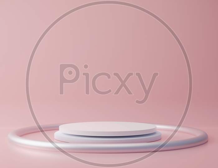 Pink Pastel Product Stand With Gold Ring On Background. Abstract Minimal Geometry Concept. Studio Podium Platform Theme. Exhibition And Business Marketing Presentation Stage. 3D Illustration Rendering