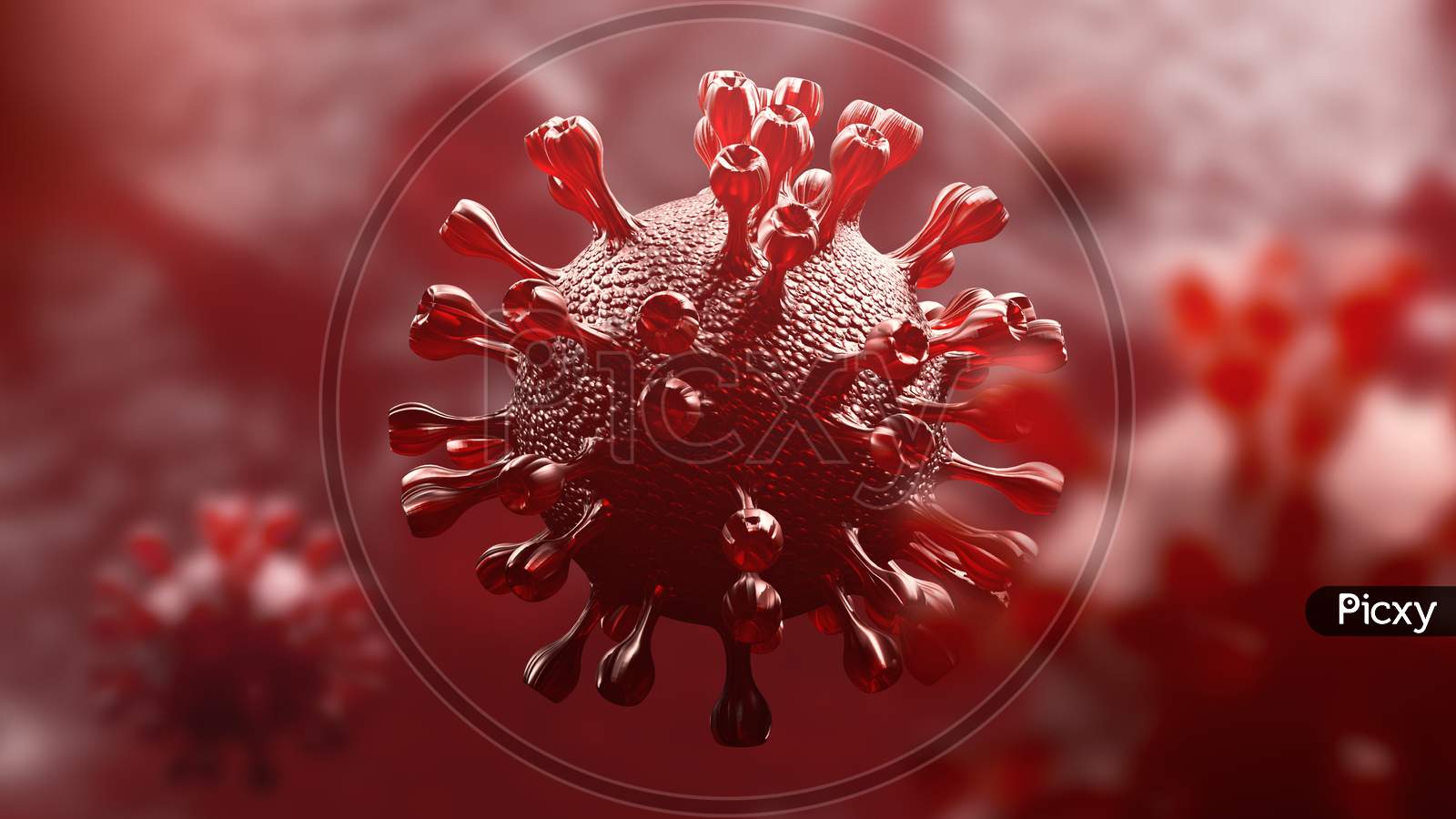 Super Closeup Coronavirus Covid-19 In Human Lung Body Background. Science Microbiology Concept. Red Corona Virus Outbreak Epidemic. Medical Health Virology Infection Research. 3D Illustration