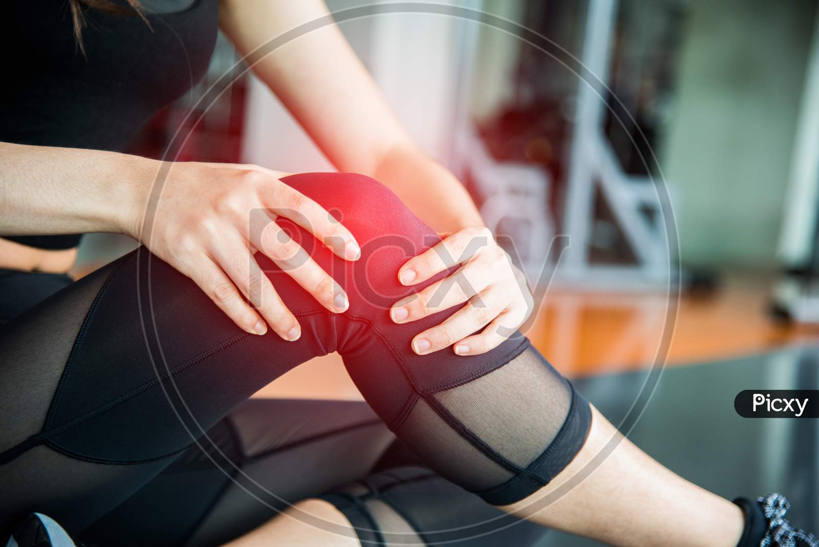 Sports Injury At Knee In Fitness Training Gym. Training And Medical Concept. Health Care And Sport Exercise Concept. Pain Of Body Part And Bone Broken Theme. First Aid And Safety First Theme