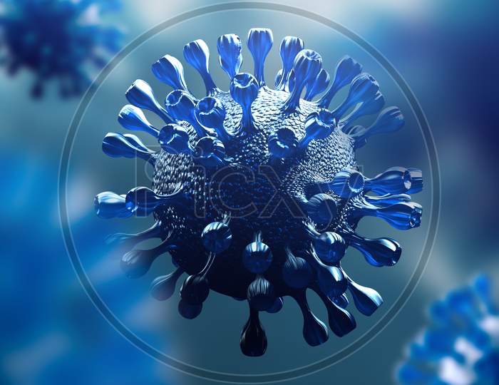 Super Closeup Coronavirus Covid-19 In Human Lung Body Background. Science Microbiology Concept. Blue Corona Virus Outbreak Epidemic. Medical Health Virology Infection Research. 3D Illustration