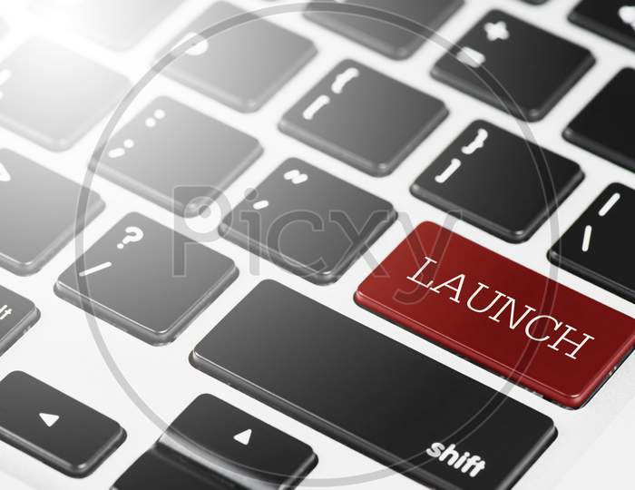 "Launch" Red Button Keyboard On Laptop Computer For Business And Technology Concept