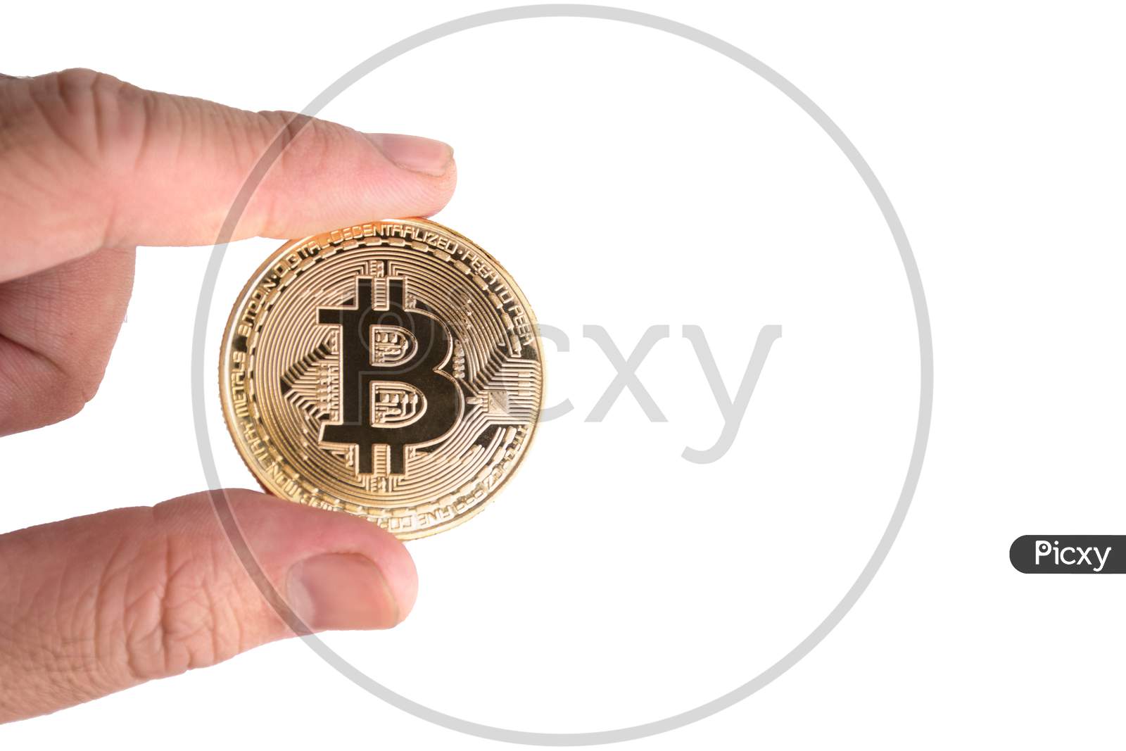 Bitcoin On Isolated White Background. Cryptography And Electronic Money Concept. Currency Trading And Gold Mining Theme. Business And Technology Theme.