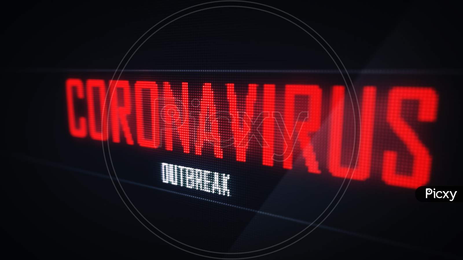 Closeup Red Coronavirus Outbreak Warning Text On Computer Pixelated Green Screen Display Background. 3D Illustration Rendering Alphabet. Healthcare And Medical Concept. Health Researching Influenza.