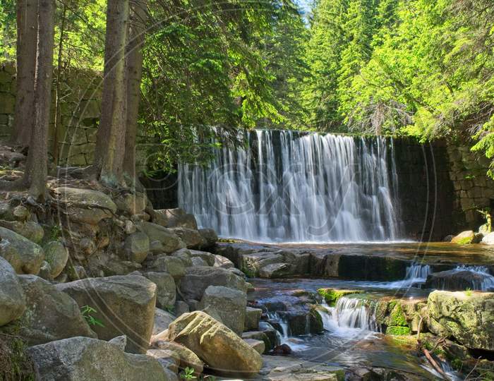 Wild Waterfall In Karpacz Mountains In June