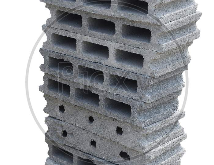 Stack Of Cement Brick Block On Isolated White Background With Clipping Path. Object And Structure Concept. Architecture And Building Wall Theme.