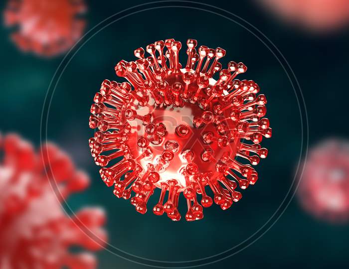 Super Closeup Coronavirus Covid-19 In Human Lung Body Green Background. Science Microbiology Concept. Red Corona Virus Outbreak Epidemic. Medical Health Virology Infection. 3D Illustration Rendering