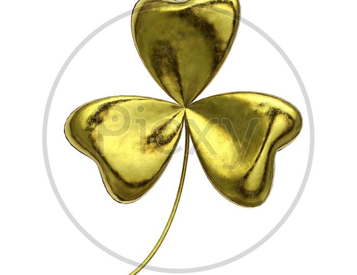 Gold Shamrock On Isolated White Background. Object And Nature Concept. Saint Patrick Day Theme. 3D Illustration Rendering. Clipping Path Use