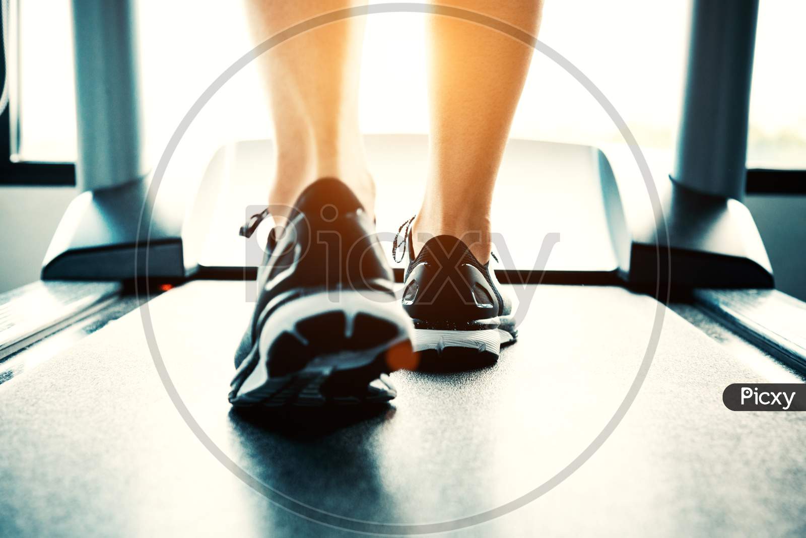 Close Up Of People Who Exercising On Treadmill. Close-Up Of Woman Legs Walking By Treadmill In Sports Club. Fitness And Body Build Up Concept. Workout And Strength Training Concept. Sport Club Theme.