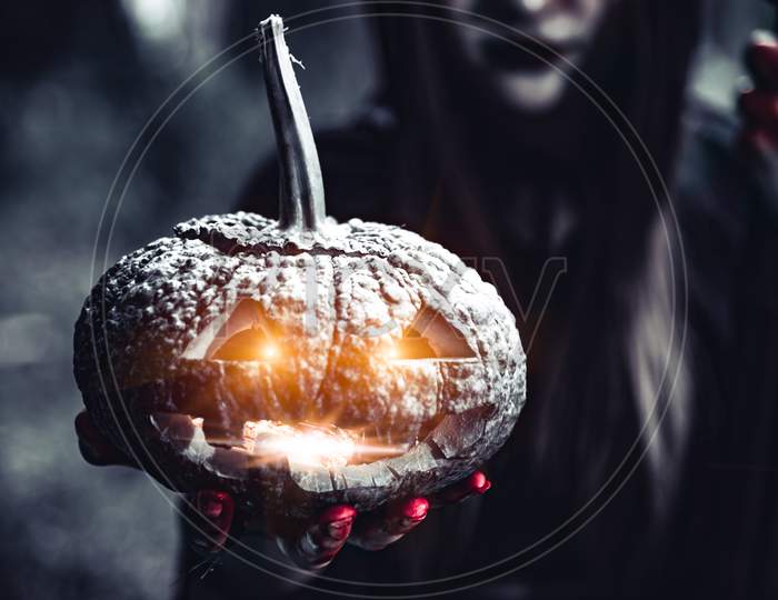 Pumpkin Lantern In Witch Hand. Old Woman Holding Pumpkin In Dark Forest. Halloween Day And Mystery Concept. Fantasy Of Magic Theme.