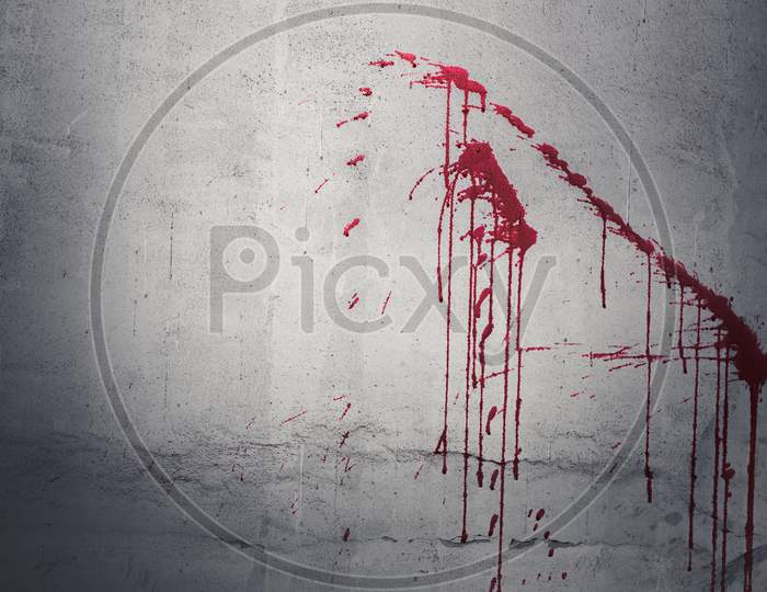 Drop Of Red Blood On Wall In Abandoned House. Halloween Festival And Event. Murder And Killer Theme. Background For Horror And Scream Film Presentation. Criminal And Social Issues Concept