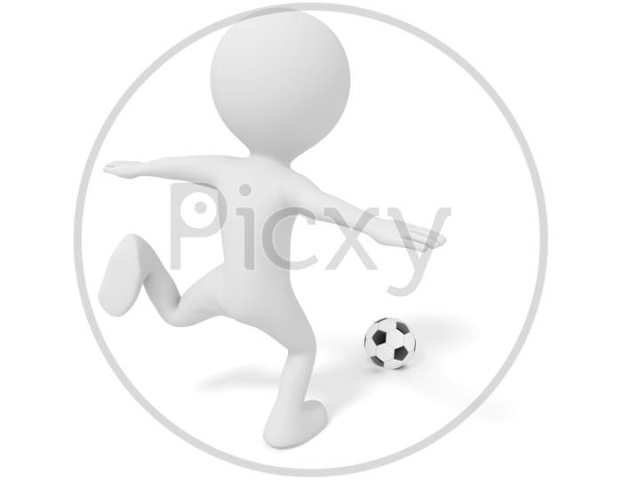 White Man Kicking Soccer Ball Or Football In Competition Match Game. 3D Illustration. People Model Rendering Graphic. Isolated White Background. Football League And World Cup Concept. Cartoon Theme