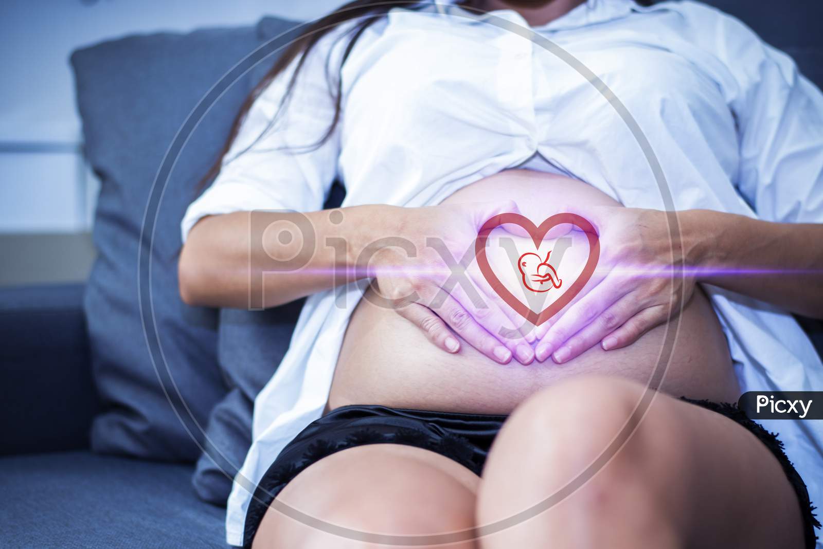 Pregnant Woman With Baby Illustration In Heart Shape, Newborn And Family Concept. Healthcare Theme