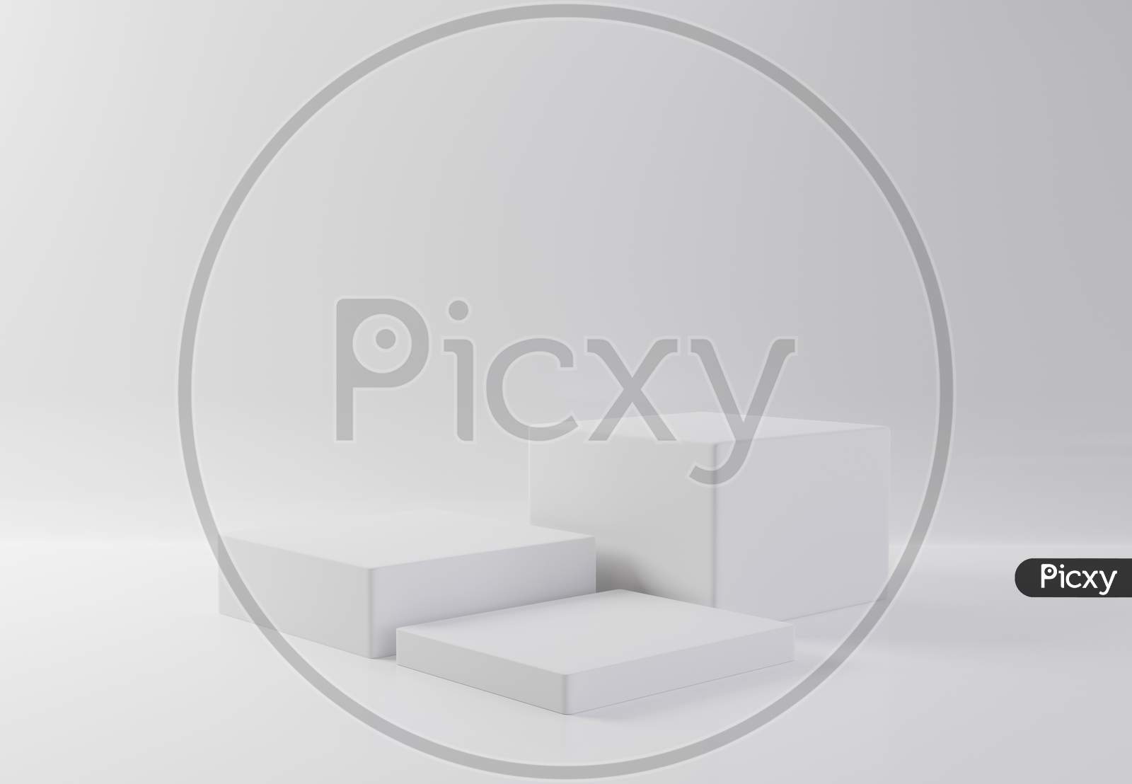 White Rectangle Cube Product Showcase Table On Isolate Background. Abstract Minimal Geometry Concept. Studio Podium Platform. Exhibition And Business Presentation Stage. 3D Illustration Render Graphic