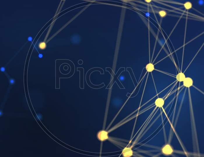 3D Rendering Abstract Yellow Geometry Flying Wireframe Network And Connecting Dot Space On Blue Background. Security Futuristic Computer And Science Concept. Abstract Technology Illustration Graphic