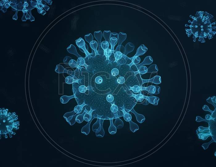 Close Up Influenza Virus In Blood Vessel. Blue Abstract Covid-19 Wireframe Coronavirus Background. Science And Medical Concept. Micro Nucleus Corona Virus Cell In Human Body. 3D Illustration Rendering