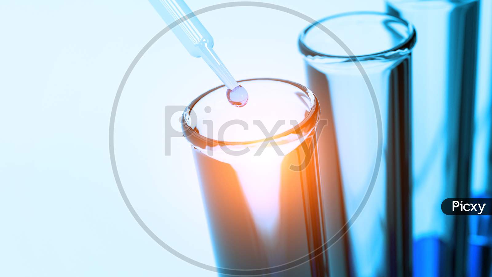 Close Up Pipette Dropping Blue Solution Sample Into Test Tube In Laboratory. Science Researching And Nanotechnology Biology Concept. Selective Focus On Liquid Water Drop. 3D Illustration Rendering