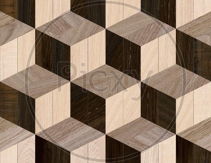 Geometric 3D Render Cube Pattern Mosaic Floor And Wall Wooden Background.