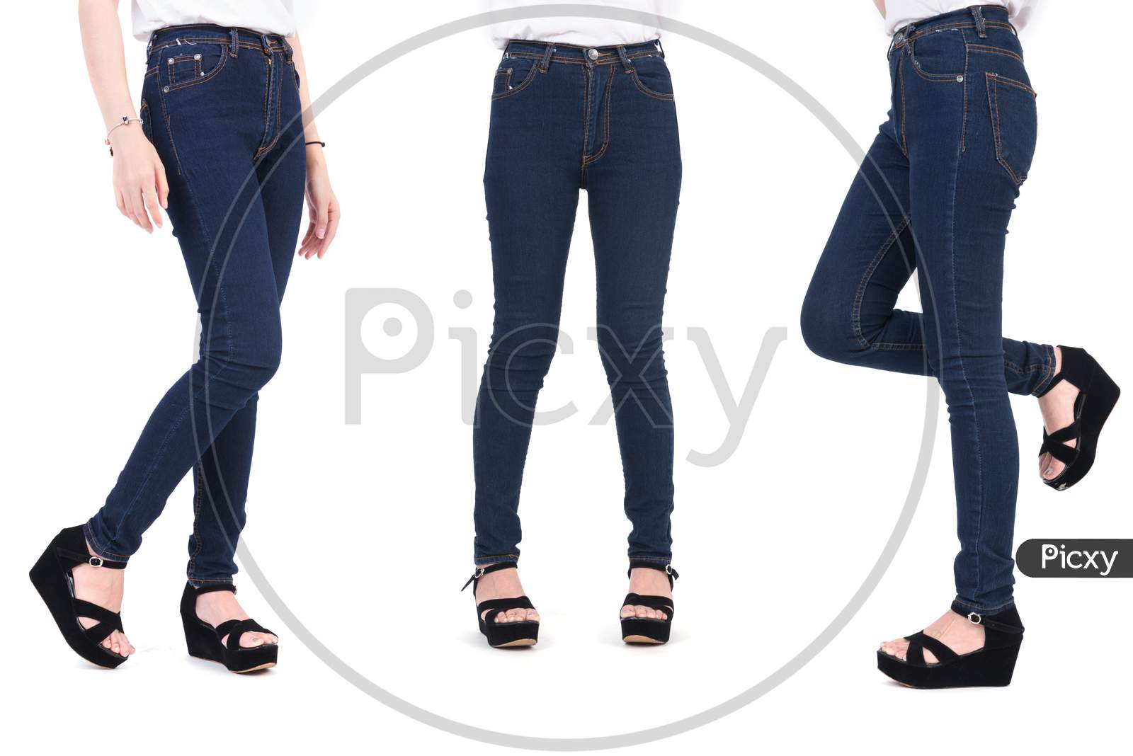 Close Up Lower Body Of Beauty Woman With Fashion Jeans And Shoes. Trendy And New Fashion Concept. Isolated White Background. Studio Portrait.