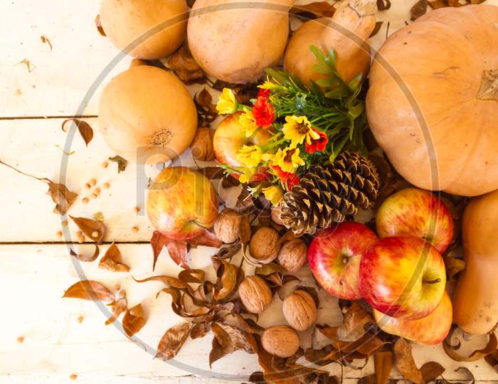 Autumn Harvest Composition With Pumpkins And Apples