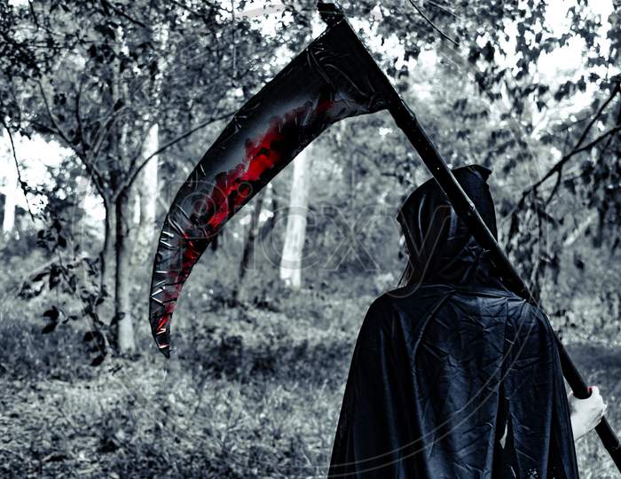 Back View Of Demon Witch With Reaper And Blood In The Mystery Forest. Horror And Ghost Concept. Halloween Day And Scary Scene Theme.