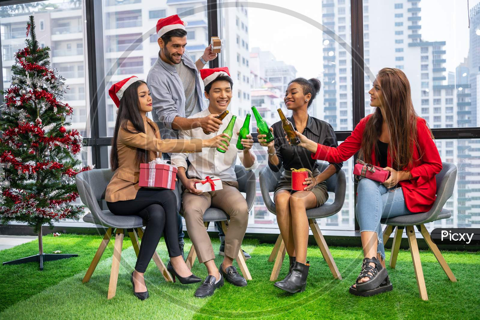Group Of Business Diversity Colleague Teamwork Celebaring For New Year Party In Modern Urban Office Background. Friends Having Enjoy Party With Alcoholivd Drink Together. Multi Ethics People Lifestyle
