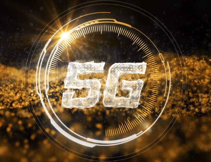 5G Communication Hud With Abstract Gold Network Data Transferring Motion Background. Technology And Futuristic Concept. High Speed Internet Broadcast Connection. Smart Business Digital Transformation
