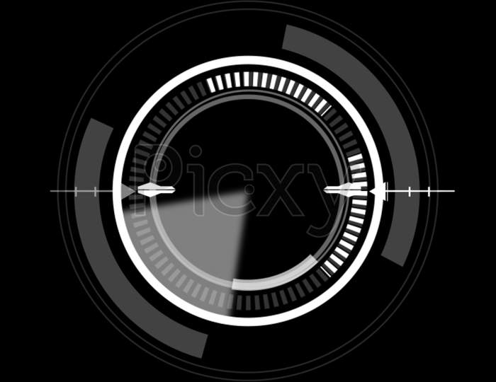 Hud Circle User Interface On Black Background. Target Searching And Scanning Holographic Element Theme. Digital Ui And Sci-Fi Circular Hologram Technology. 3D Illustration Rendering