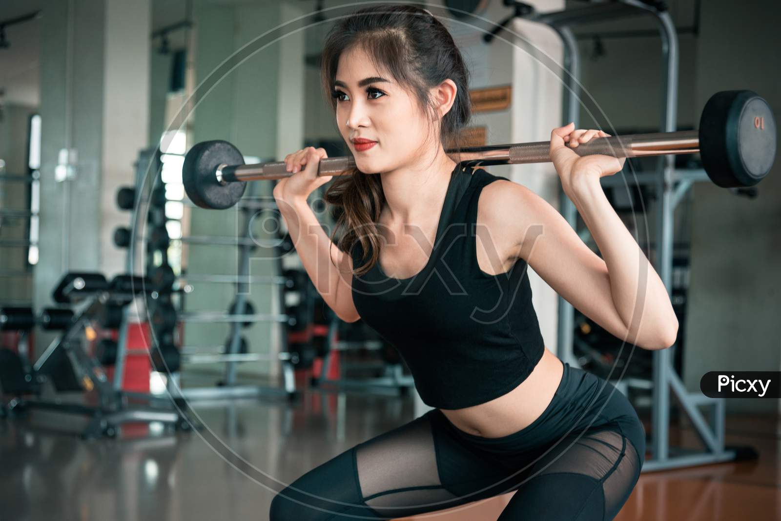 Sports Woman Lifting Weight In Fitness Gym. Workout Exercise And Body Build Up Concept. Barbell Lifting And Beauty Theme.