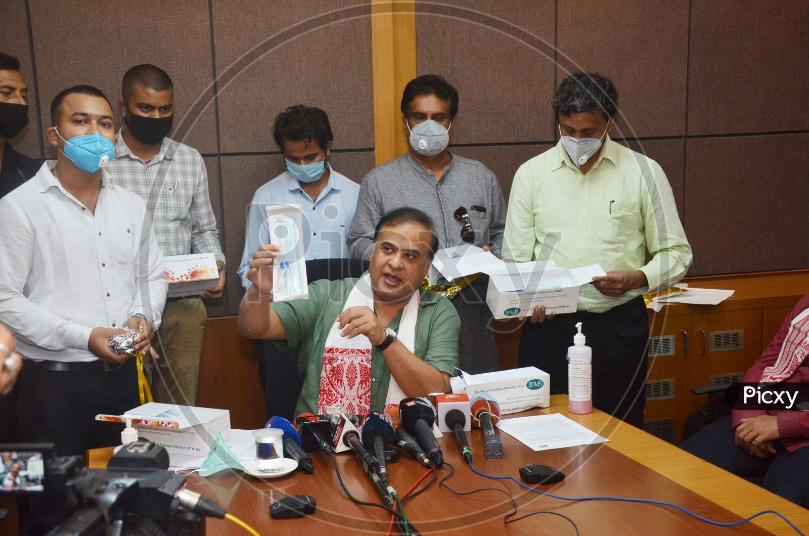 Assam State Minister Himanta Biswa Sarma speaks to media during the launch of the Viral Transport Media (VTM) kits, at Gauhati Medical College and Hospital (GMCH) in Guwahati, Wednesday, June 17, 2020.