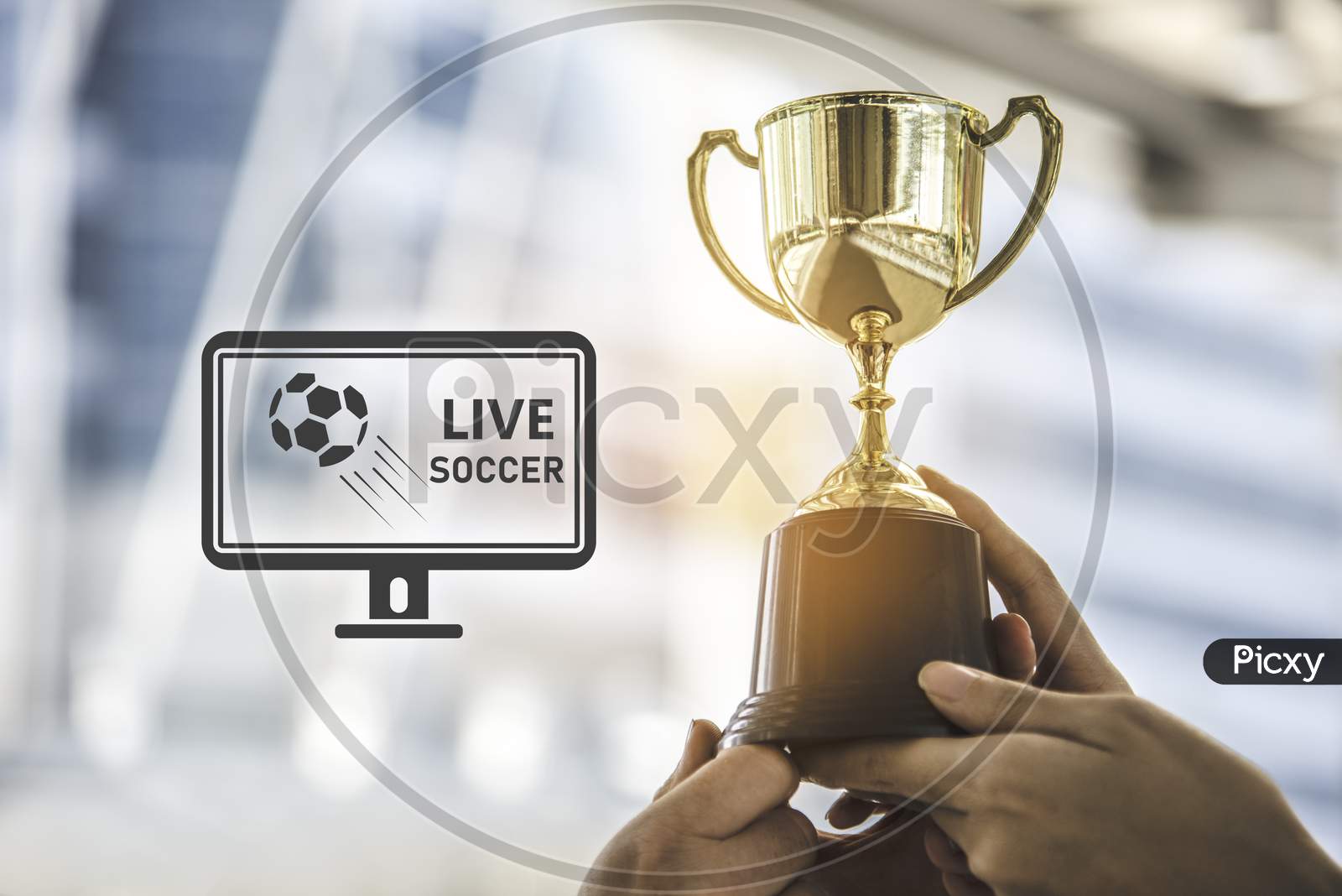 Champion Golden Trophy For Winner Background With Live Soccer Screen Icon On Right. Success And Achievement Concept. Sport And Cup Award Theme. Television Broadcast Theme.