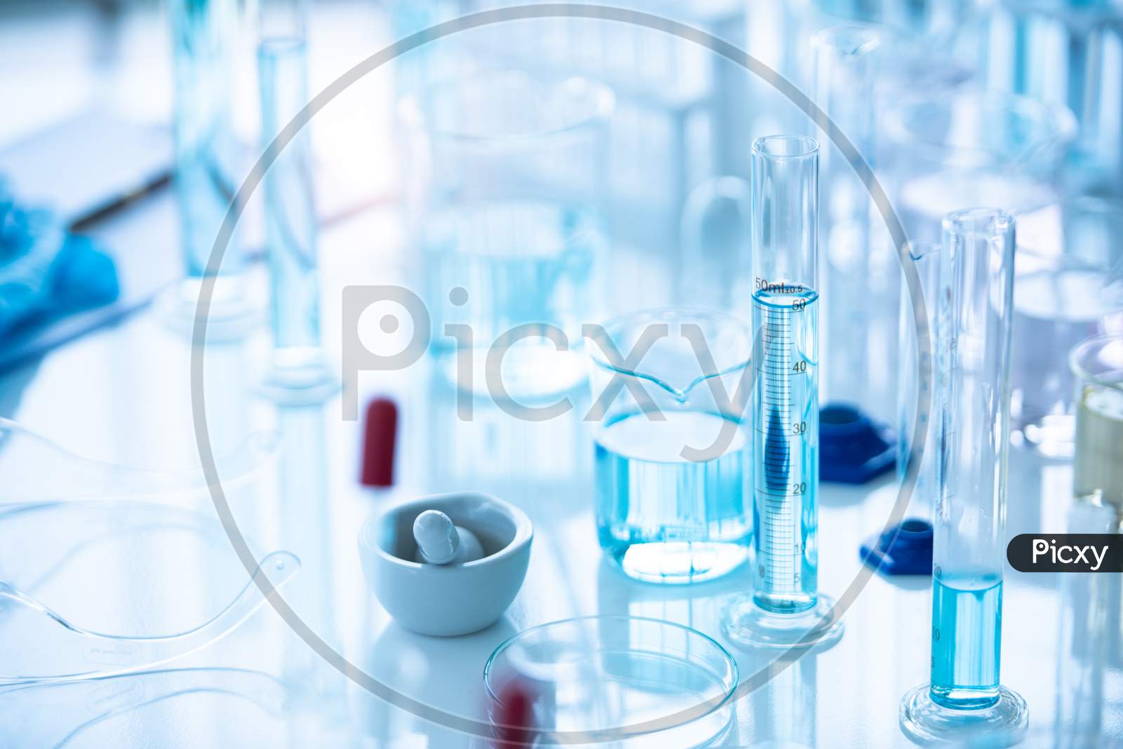 Medical Laboratory Test Tube In Chemistry Biology Lab Test. Scientific Research And Development And Healthcare Concept Background