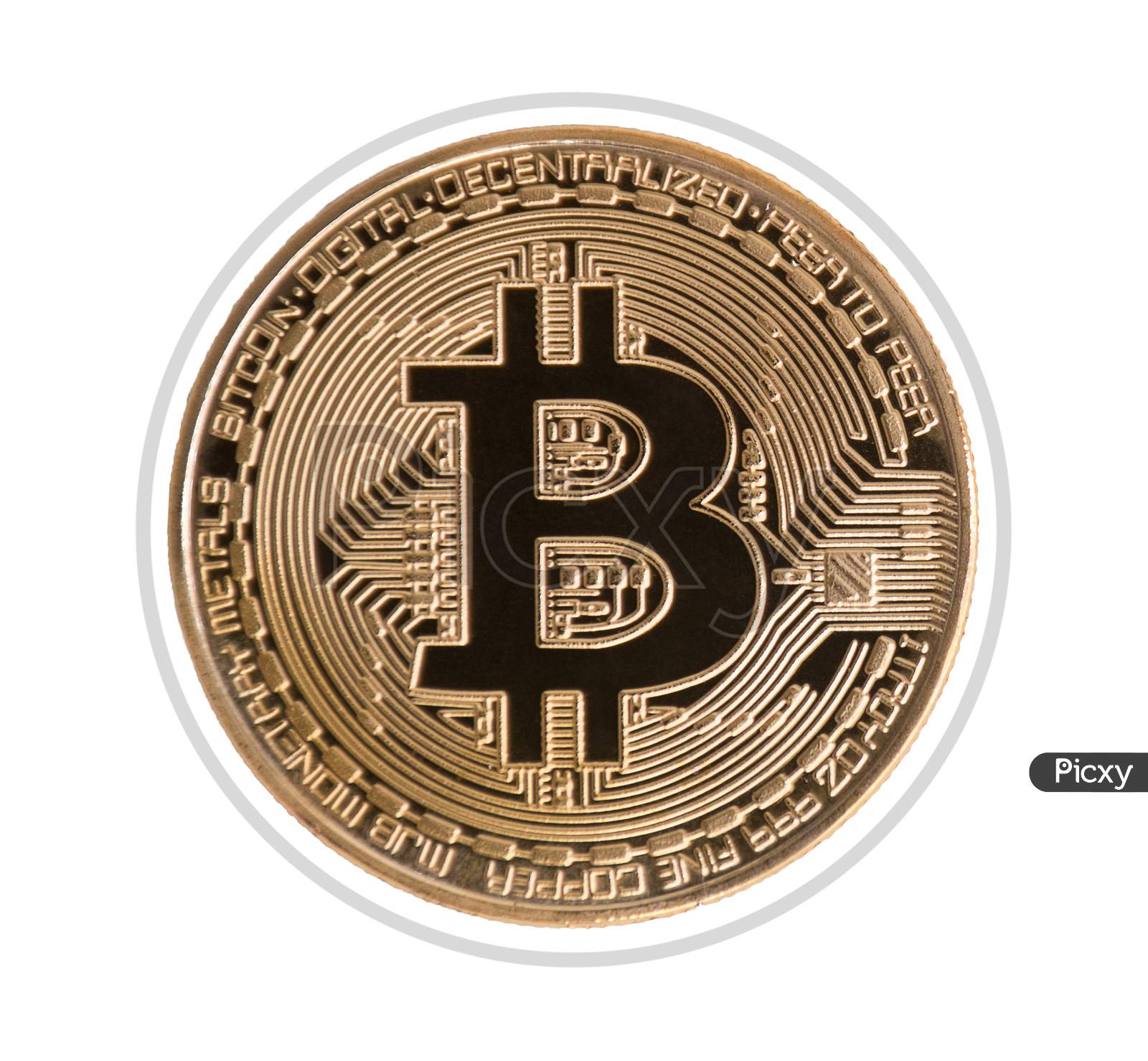 Golden Bitcoin On Isolated White Background. Clipping Path. Financial And Business Investment Trading Concept. Money Currency And Cryptocurrency Theme.