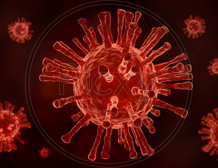 Closeup Dark Coronavirus Covid-19 In Human Lung Body Background. Science Microbiology Concept. Red Corona Virus Outbreak Epidemic. Medical Health Virology Infection Research. 3D Illustration Render