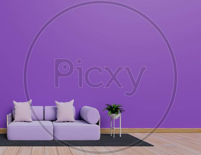 Modern Interior Design Of Purple Living Room With Sofa And Plant Pot On Brown Glossy Wooden Floor. Grey Mat Element. Home And Living Concept. Lifestyle Theme. 3D Illustration Rendering.