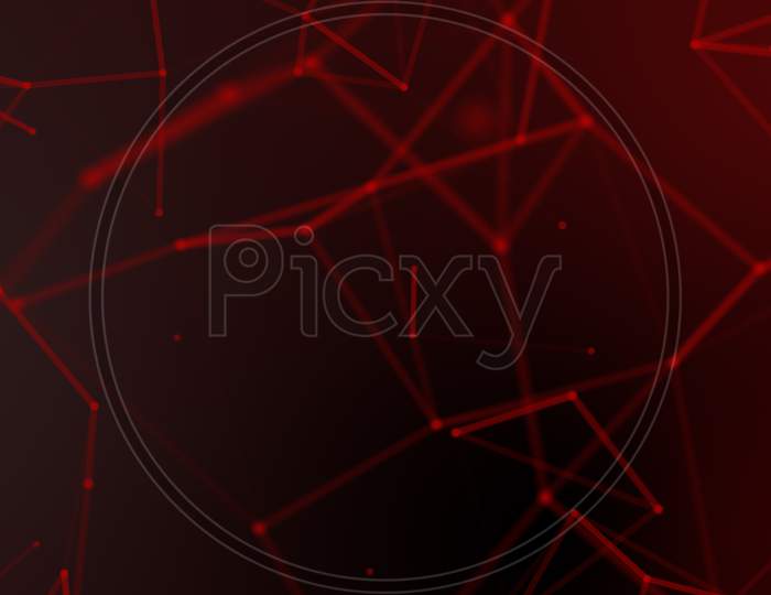Abstract Red Blurred Geometry Wireframe Network And Connecting Dot In Space On Black Background. Security Of Futuristics Computer And Science Concept. Abstract Technology Concept. Graphic Design