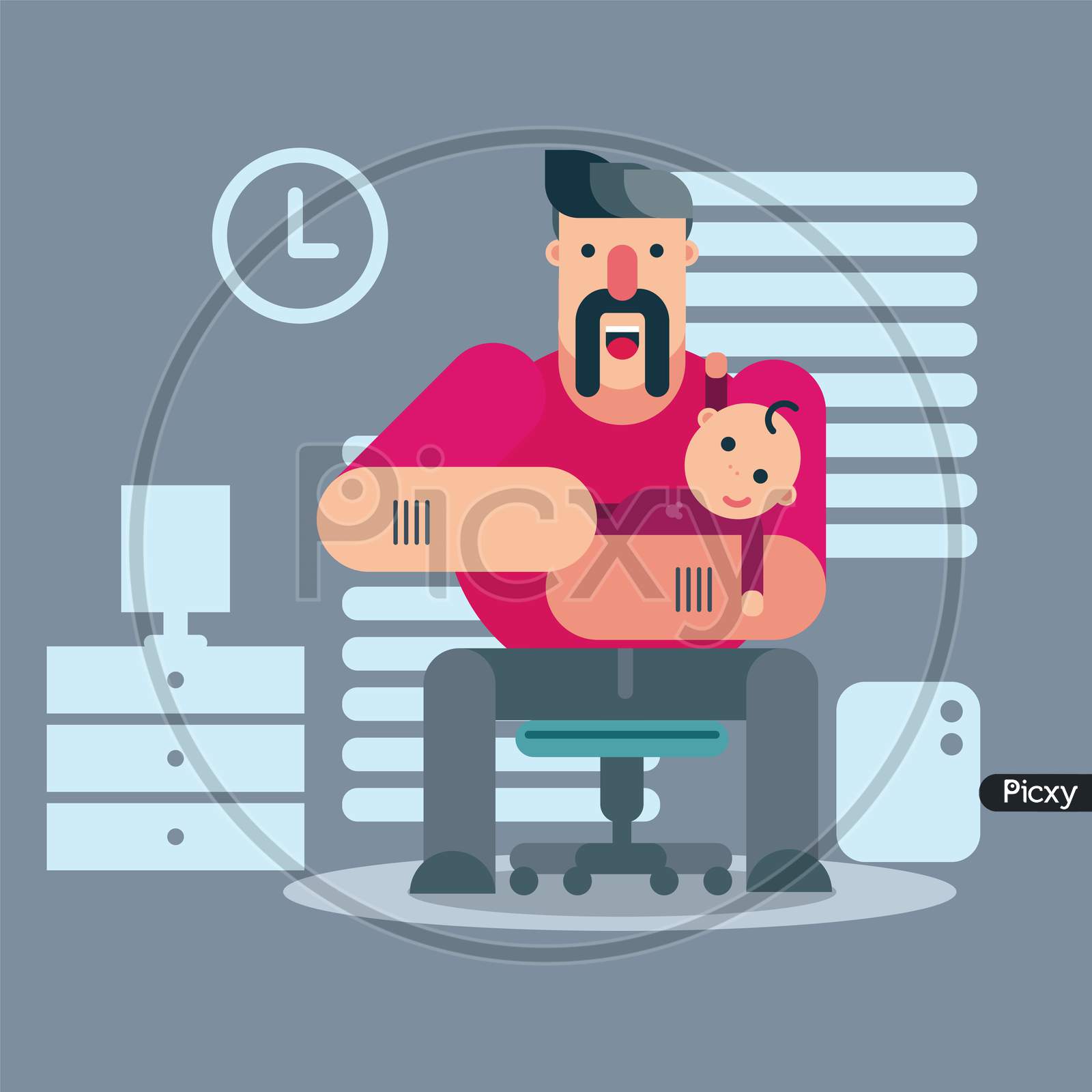 Father And His Baby Inside Home, Background, Father'S Day Vector Illustration