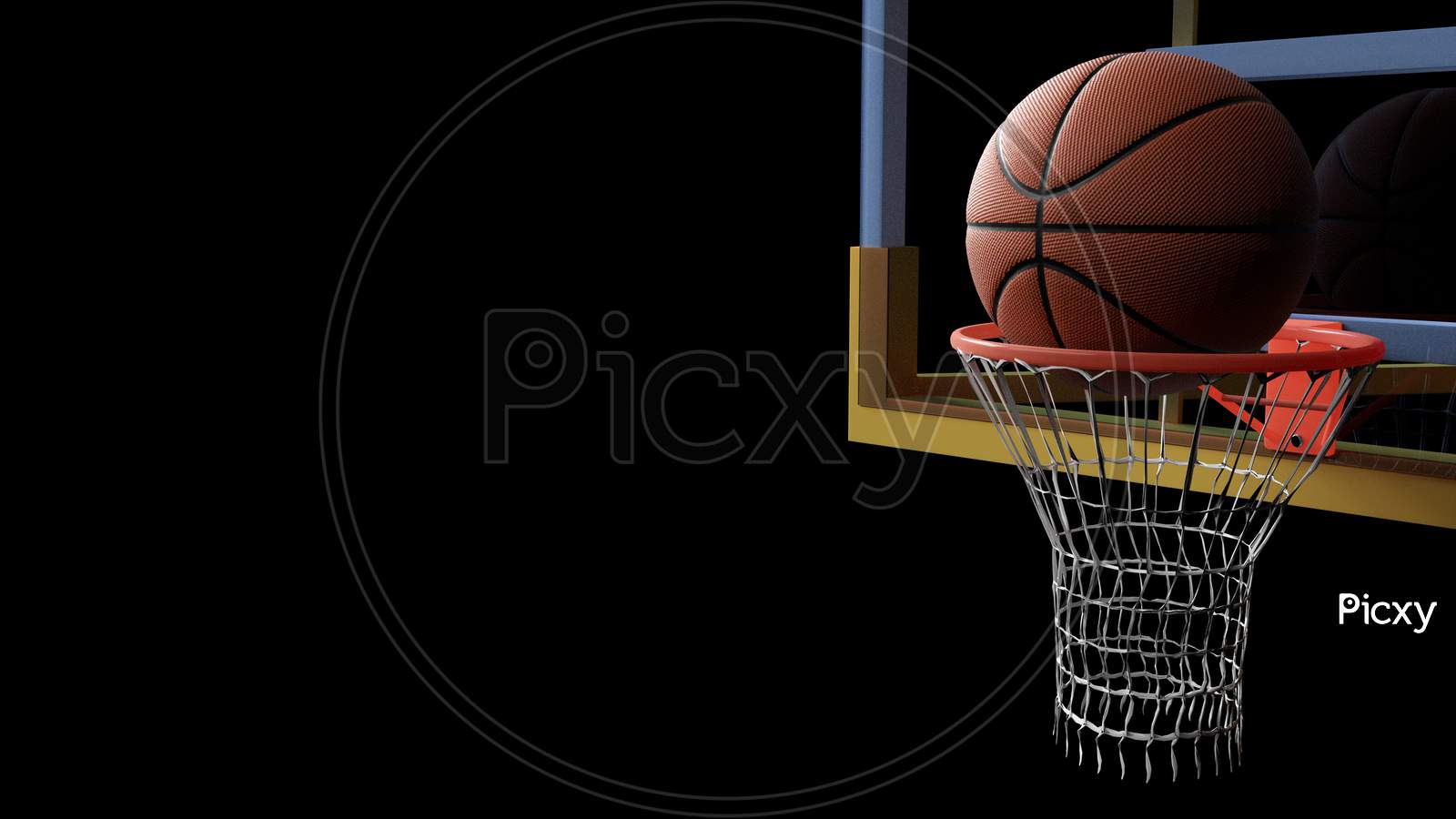 Basketball Going Into Hoop On Black Isolated Background. Sport And Competitive Game Concept. 3D Illustration.
