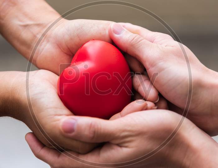 Close Up Hand Giving Red Heart As Heart Donor. Valentine Day Of Love Concept. Medical Ventilator And Heart Donator Charity. Sign Of Compassion And Healthy. Helping Doctor Hand In Freedom Life Donation