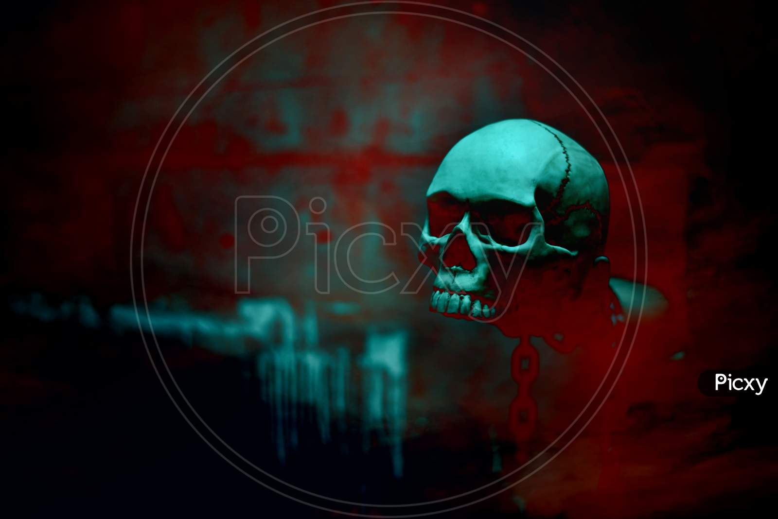 Skull Skeleton With Chain In Red Blood Background, Halloween'S Day Theme, Horror And Dark Film Tone, Scary And Screaming Concept, Ghost And Witch Concept. Poster For Holiday'S Festival Event.