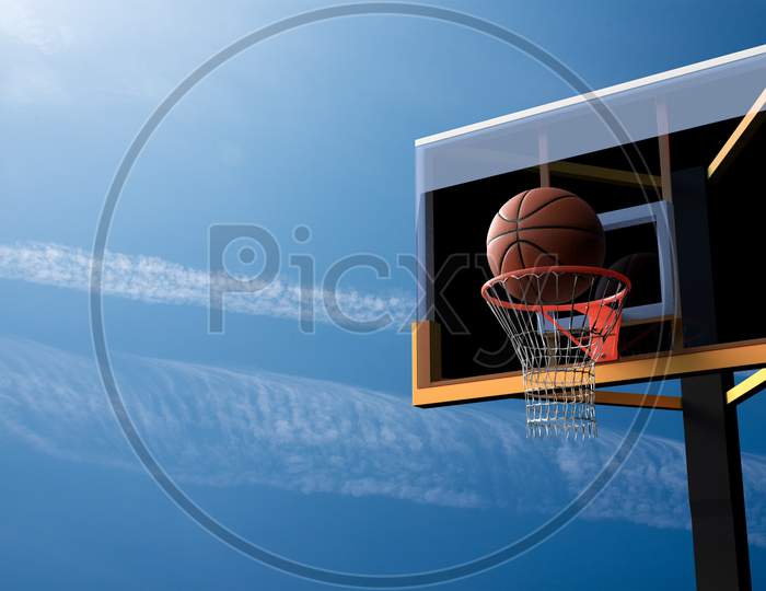 Basketball Going Into Hoop On Beautiful Blue Sky Background. Sport And Competitive Game Concept. 3D Illustration.